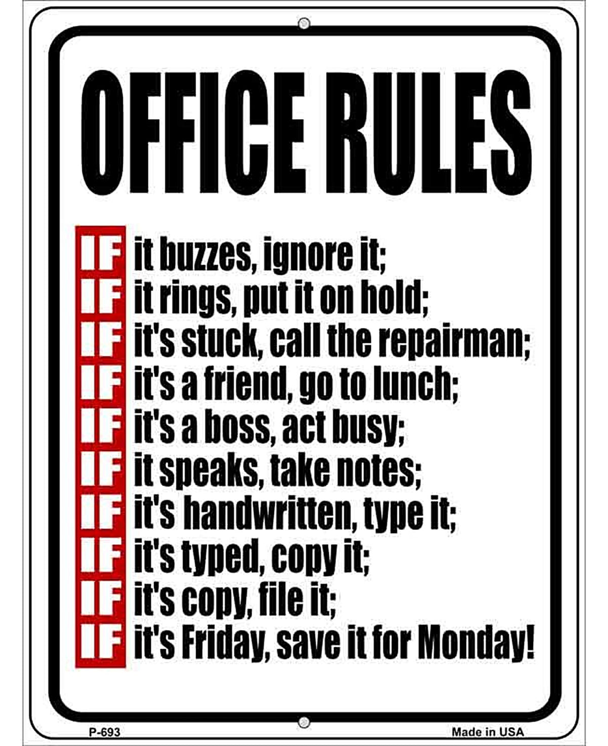 Office Rules Metal Novelty Parking Sign