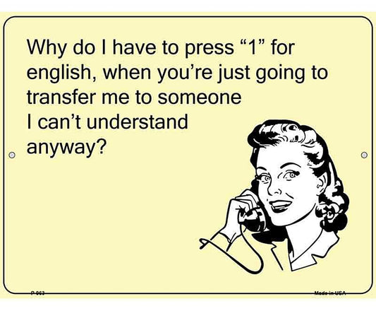Press 1 For English E-Cards Metal Novelty Parking Sign