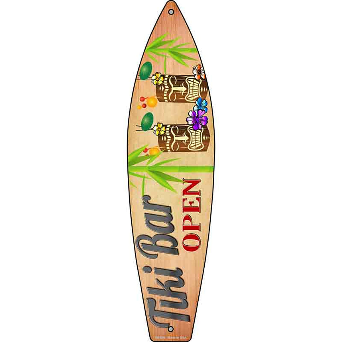 Tiki Bar Open Metal Surfboard Sign