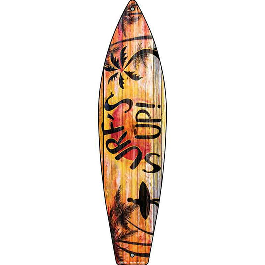 Surfs Up With Surfer Metal Surfboard Sign
