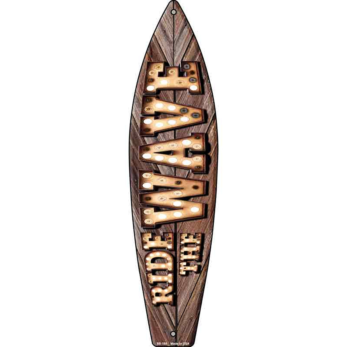 Ride the Wave Bulb Lettering Metal Surfboard Sign