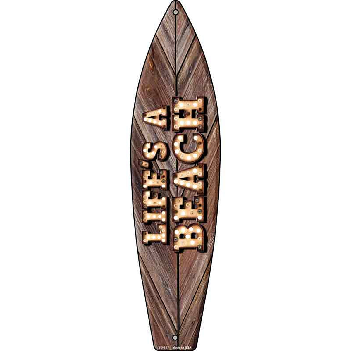 Lifes A Beach Bulb Lettering Metal Surfboard Sign