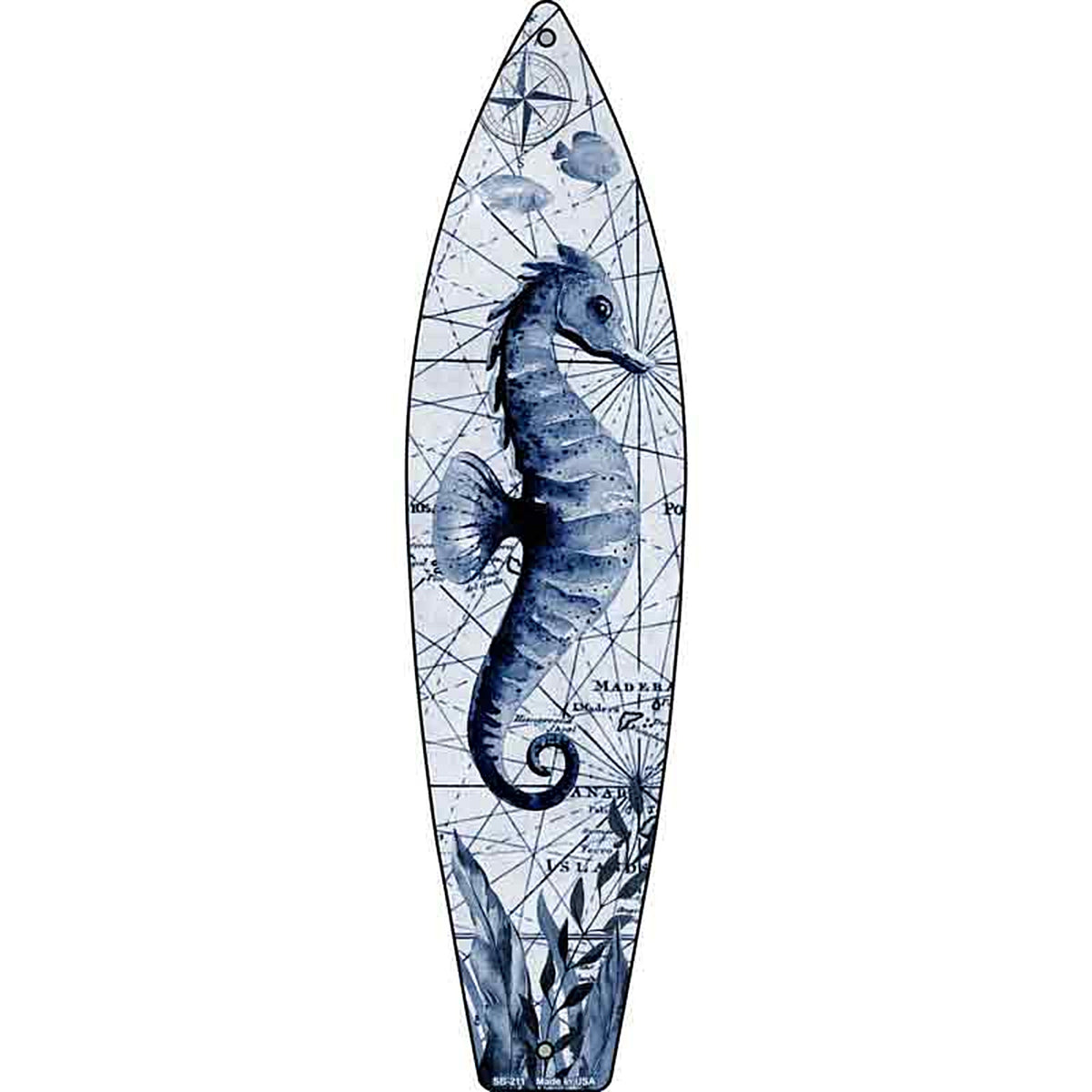 Black and White Seahorse Metal Surfboard Sign