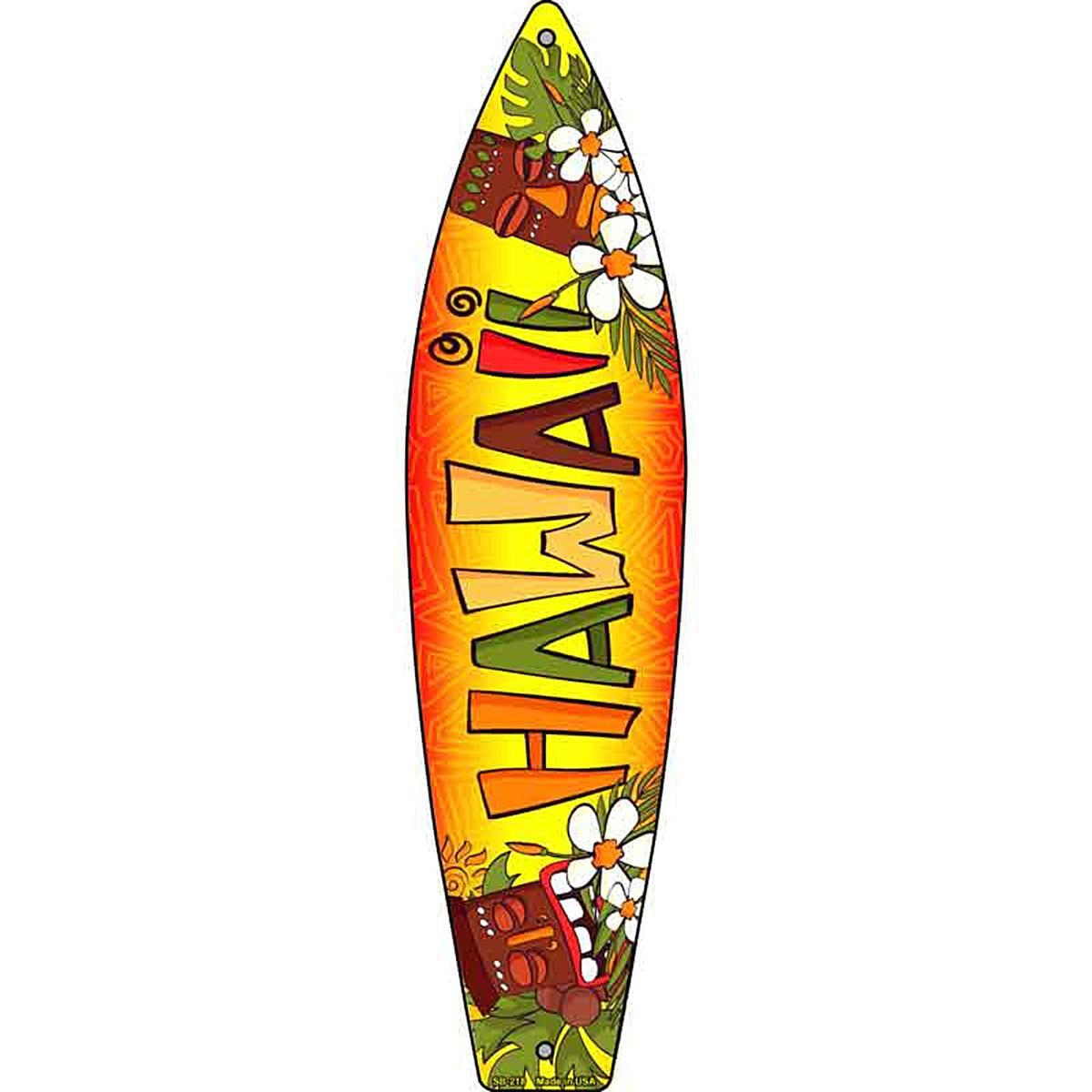 Hawaii With Tikis Metal Surfboard Sign