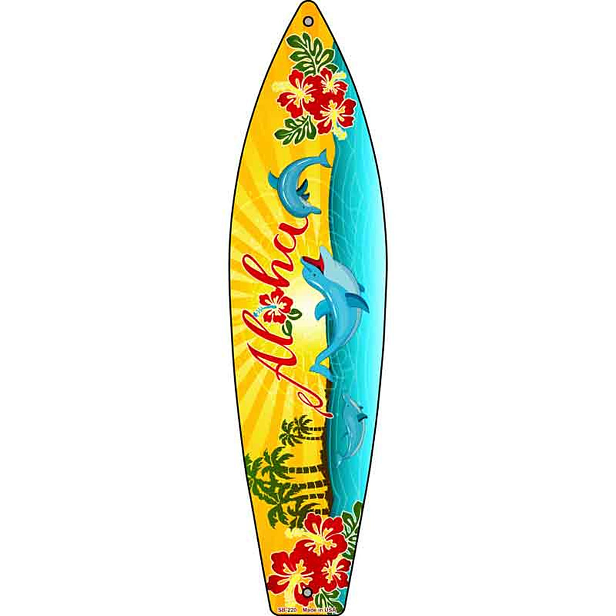 Aloha With Dolphins Metal Surfboard Sign