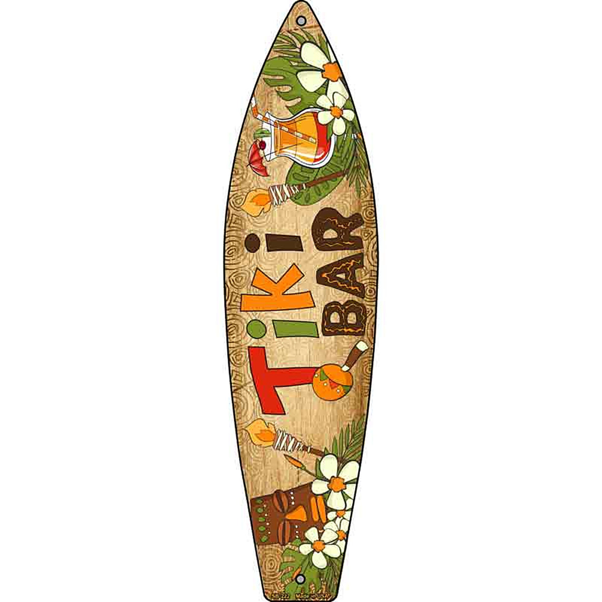 Tiki Bar With Torches Metal Surfboard Sign