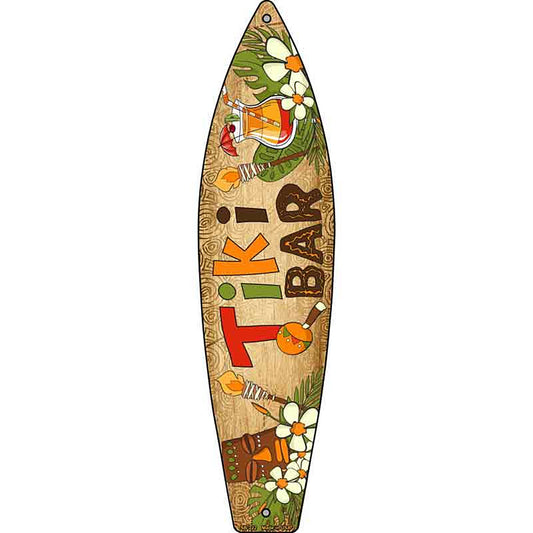Tiki Bar With Torches Metal Surfboard Sign