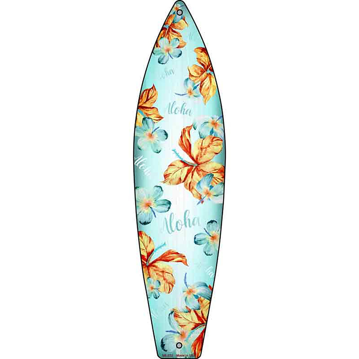 Aloha With Hibiscus Flowers Metal Surfboard Sign