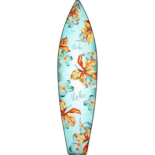 Aloha With Hibiscus Flowers Metal Surfboard Sign