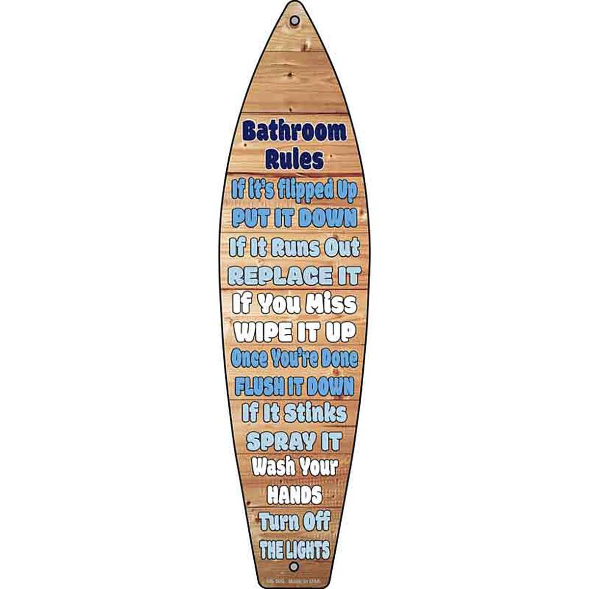 Bathroom Rules Metal Surfboard Sign