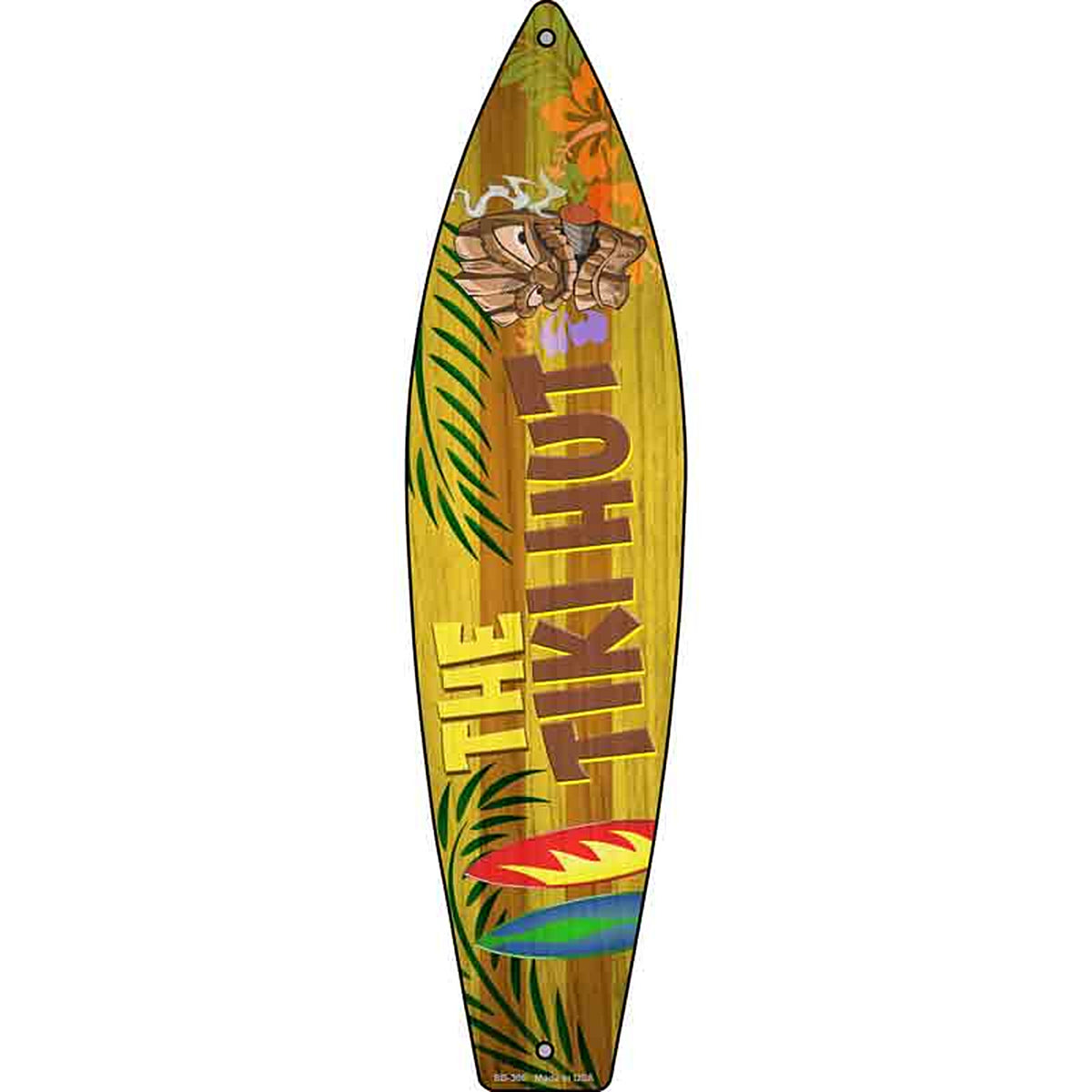 The Tiki Hut Metal Surfboard Sign