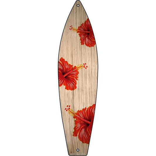 Red Hawaiian Flowers Metal Surfboard Sign