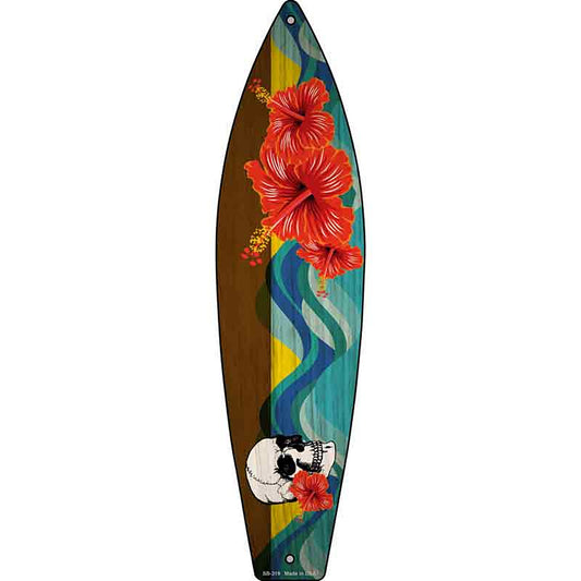 Skull With Hawaiian Flowers Metal Surfboard Sign