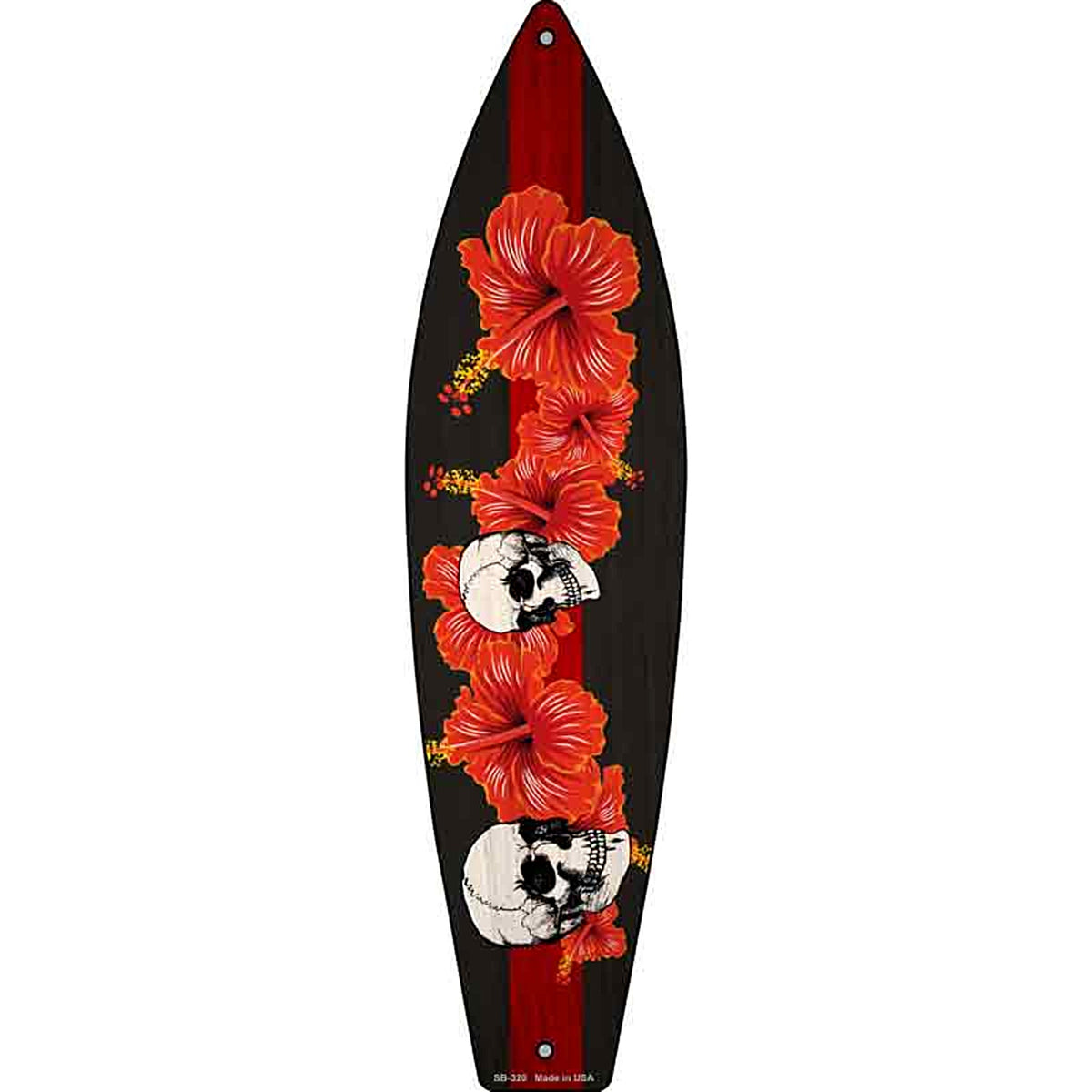 Red Line Skull With Flowers Metal Surfboard Sign