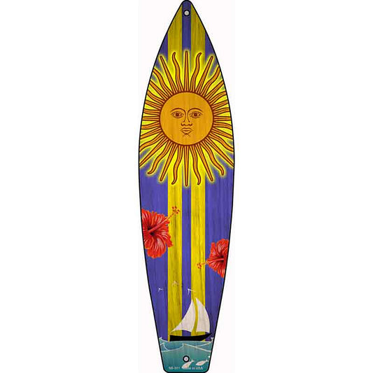 Sailboat With Sun And Yellow Stripes Metal Surfboard Sign