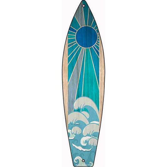 Blue Sun And Waves Metal Surfboard Sign