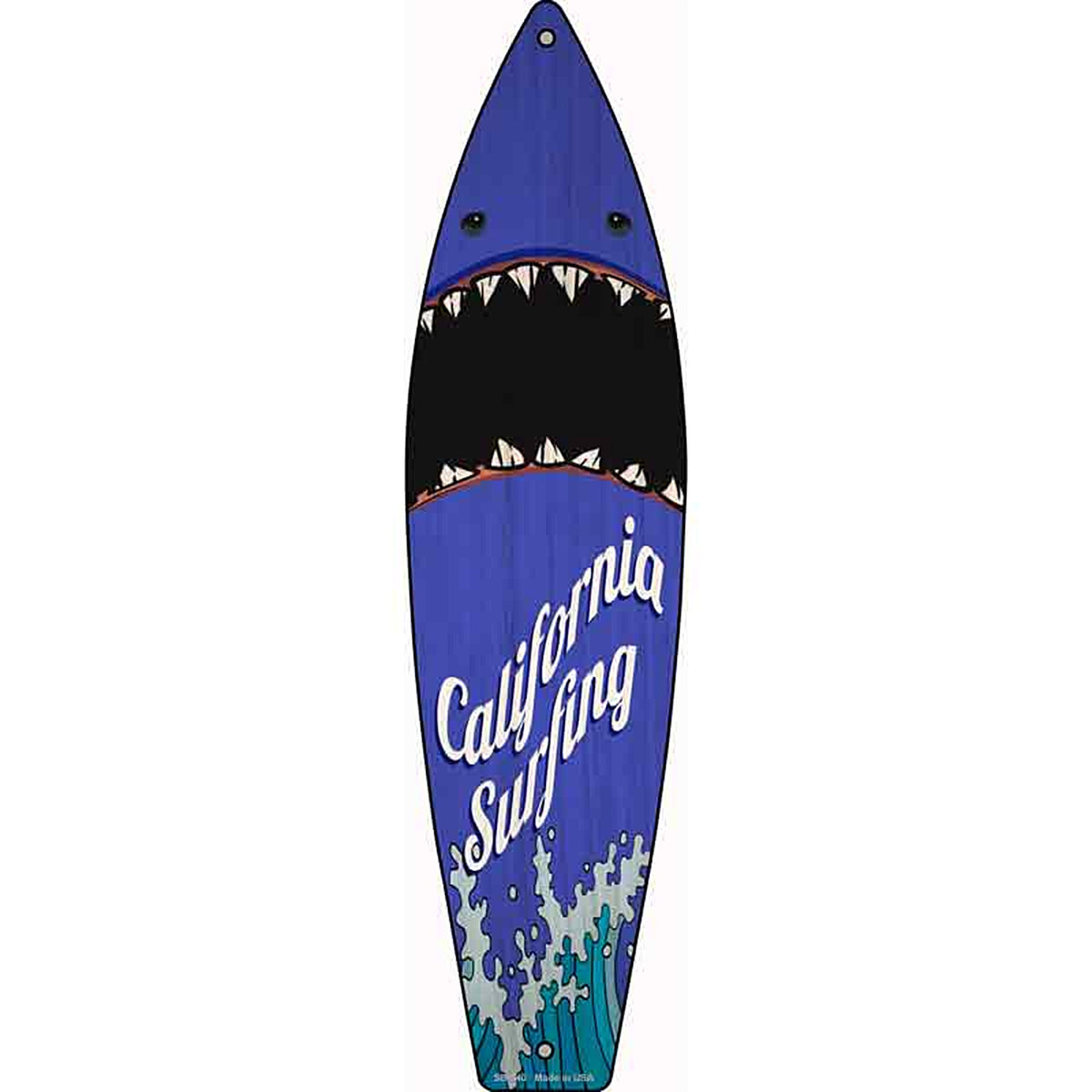 California Surfing Shark Metal Surfboard Sign