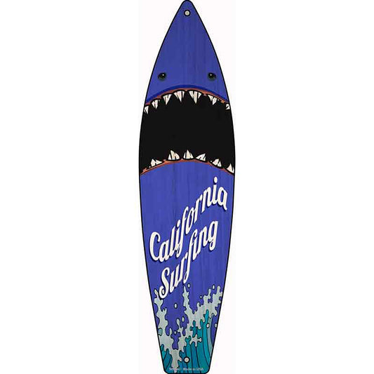 California Surfing Shark Metal Surfboard Sign
