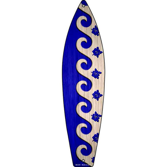 Blue Waves And Flowers Metal Surfboard Sign
