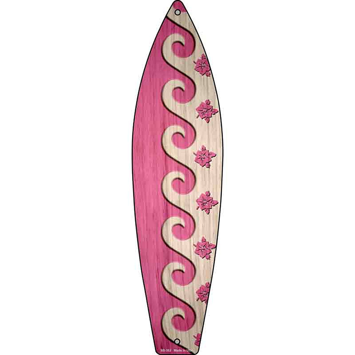 Pink Waves And Flowers Metal Surfboard Sign