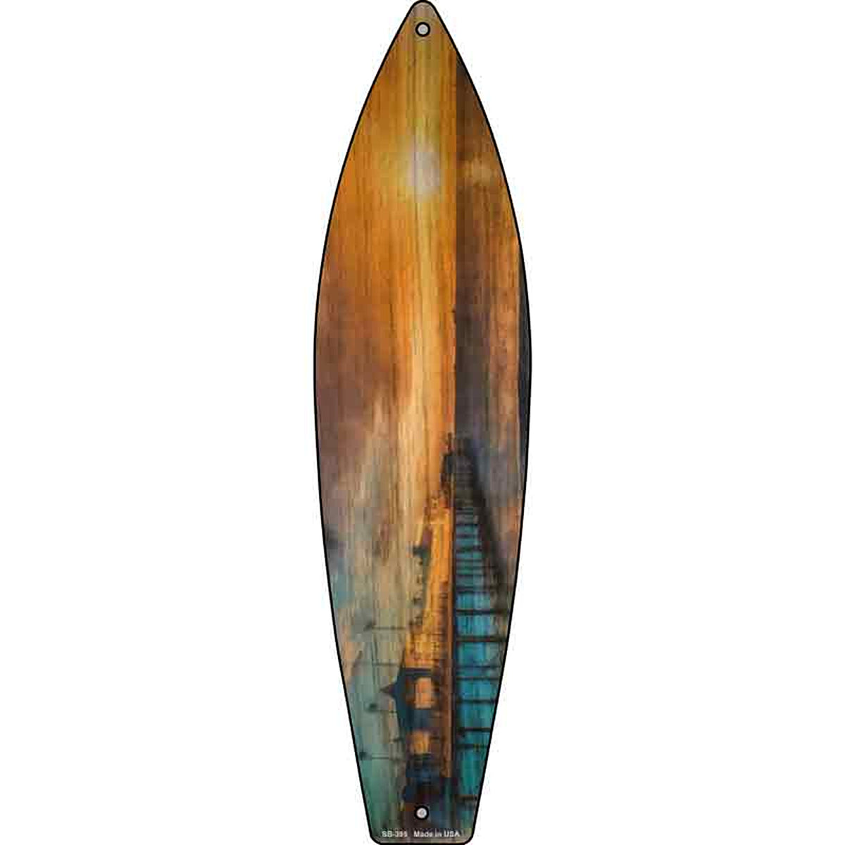Pier And Sunset Metal Surfboard Sign