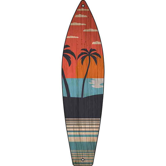 Twin Palm Trees Sunset Metal Surfboard Sign