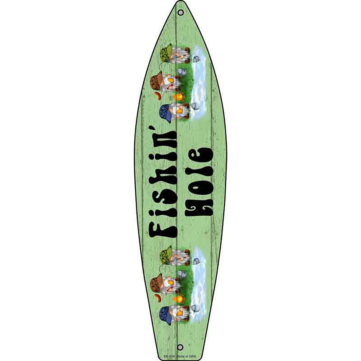Fishing Hole Six Camo Gnomes Metal Surfboard Sign