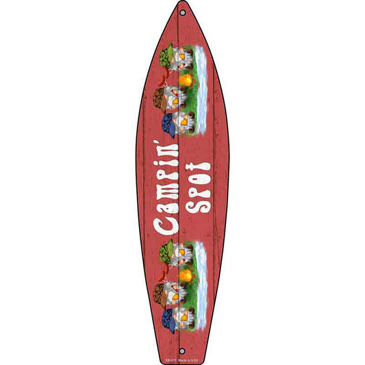 Camping Spot Six Camo Gnomes Metal Surfboard Sign