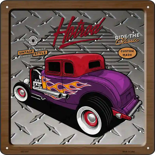 Purple Flames Hotrod Novelty Metal Square Sign