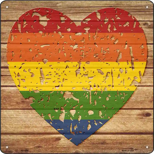 Distressed Heart Rainbow Novelty Metal Square Sign