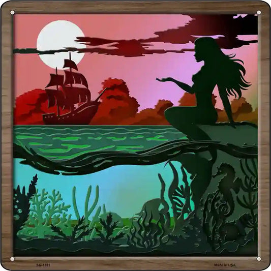 Mermaid and Ship Shadow Box Novelty Metal Square Sign