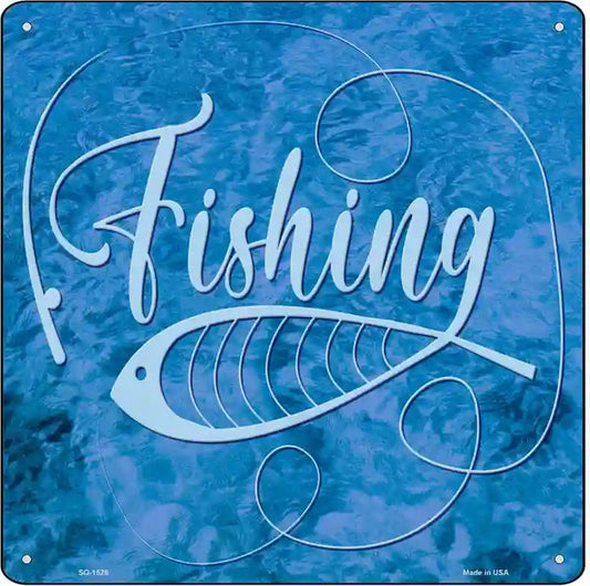 Fishing With Pole And Fish Novelty Metal Square Sign
