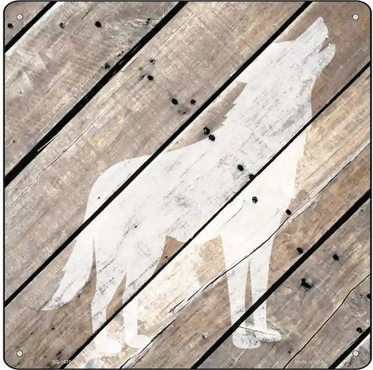 Wolf Silhouette Wood Plank Novelty Metal Square Sign