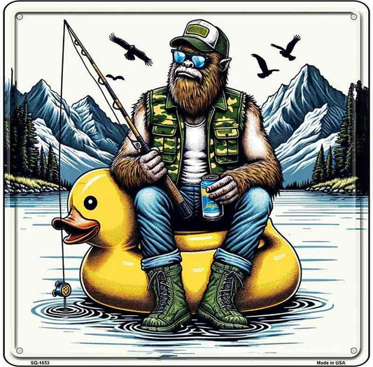 Bigfoot Fishing on Inflatable Duck Novelty Metal Square Sign
