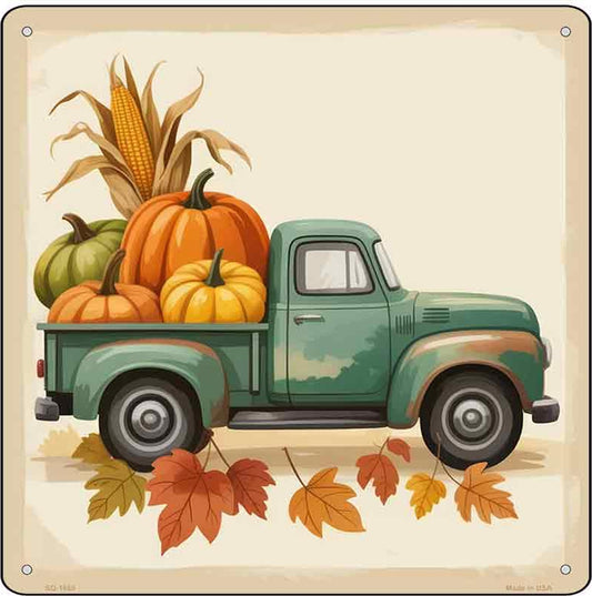 Truck with Pumpkins Novelty Metal Square Sign