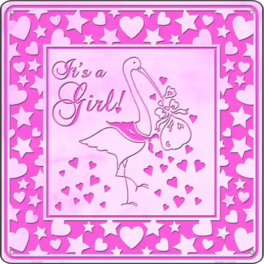 Its A Girl With Stork Novelty Metal Square Sign