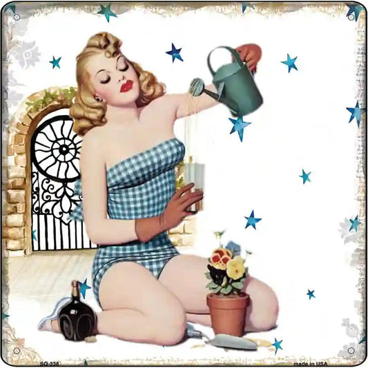 Gardening Girl Novelty Metal Square Sign