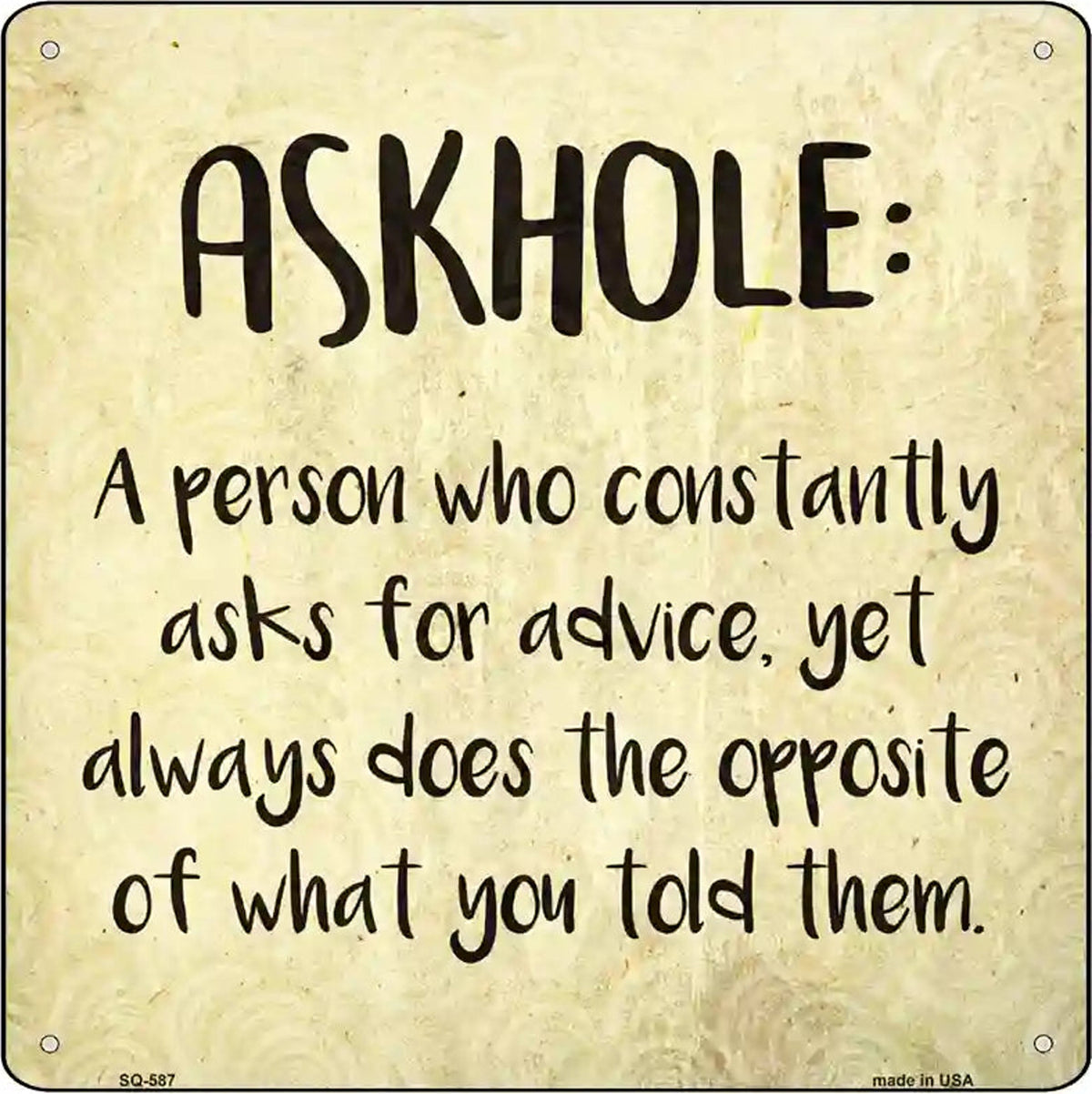Askhole Definition Novelty Metal Square Sign