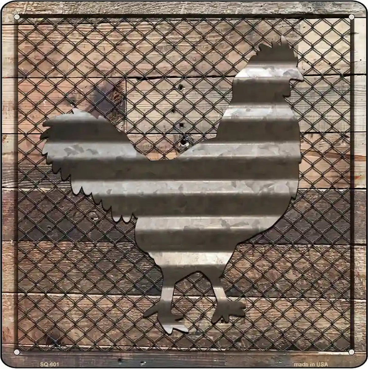 Corrugated Chicken on Wood Novelty Metal Square Sign