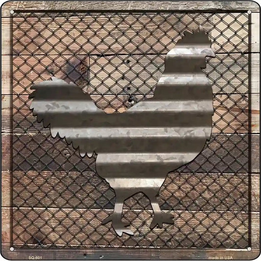 Corrugated Chicken on Wood Novelty Metal Square Sign