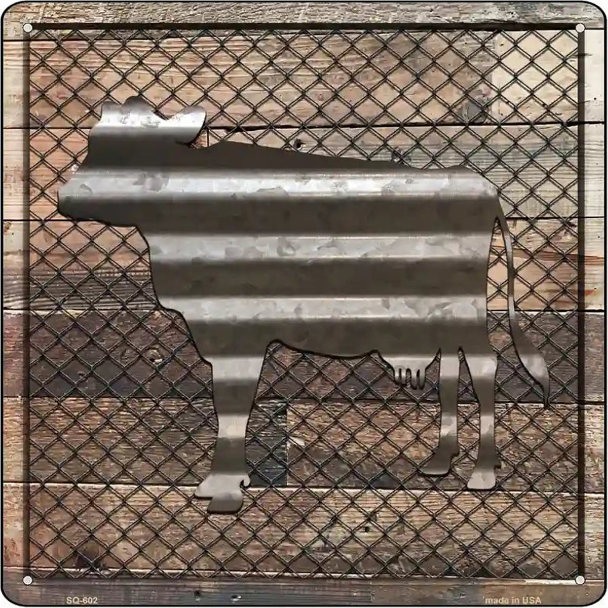 Corrugated Cow on Wood Novelty Metal Square Sign