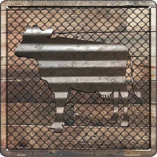 Corrugated Cow on Wood Novelty Metal Square Sign