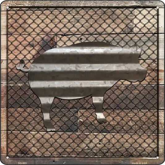 Corrugated Pig on Wood Novelty Metal Square Sign