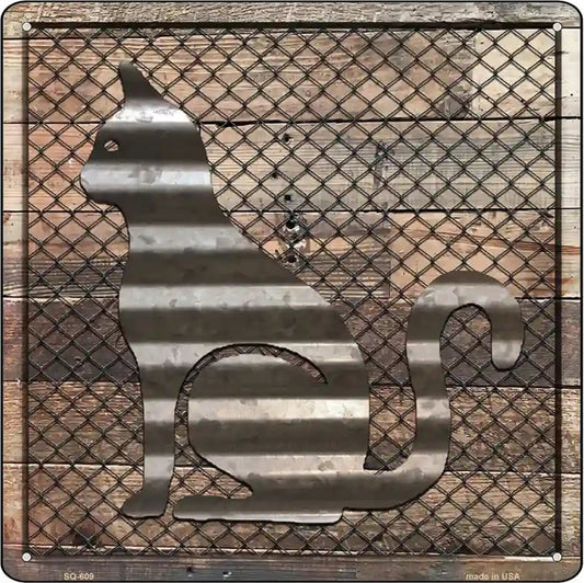 Corrugated Cat on Wood Novelty Metal Square Sign