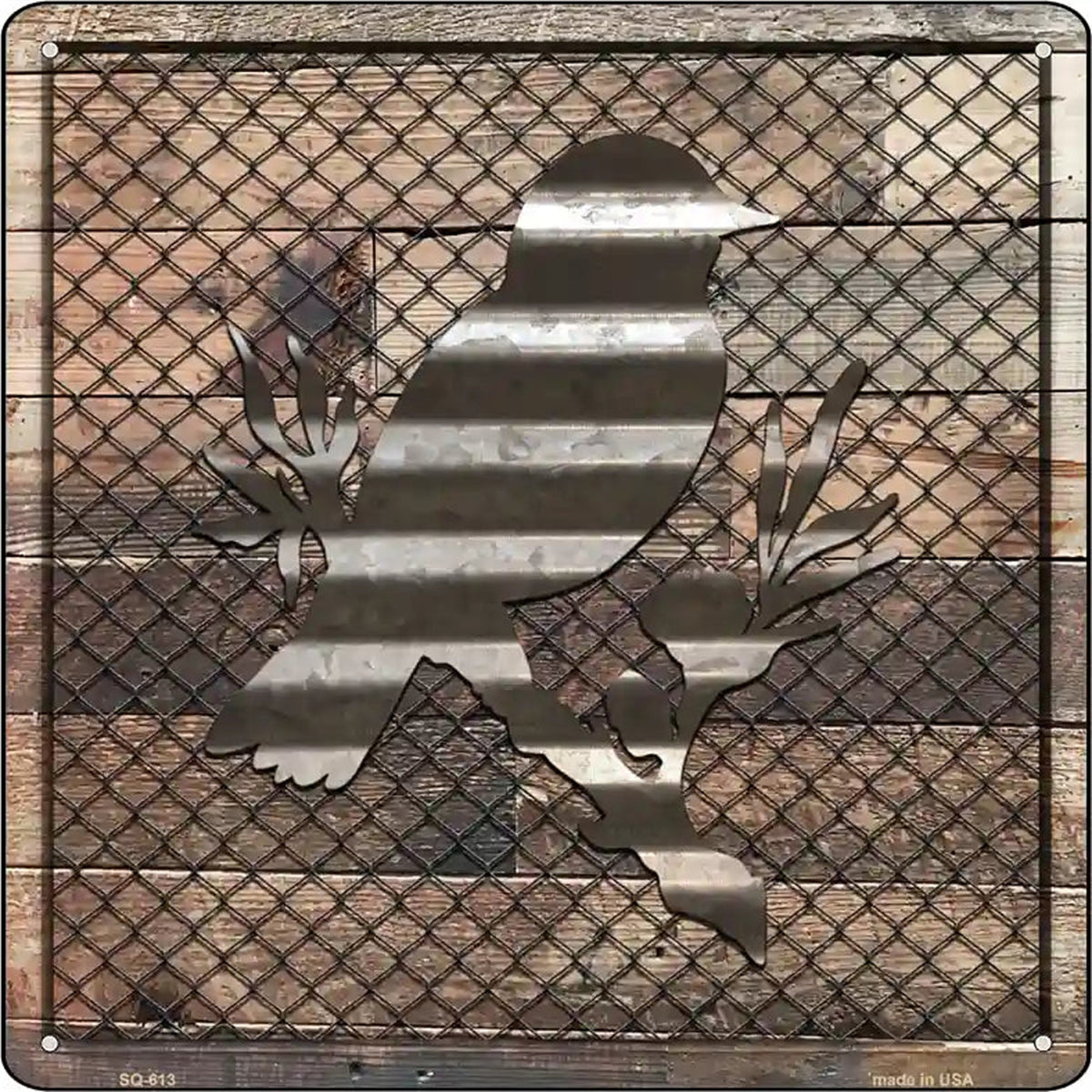 Corrugated Bird on Wood Novelty Metal Square Sign