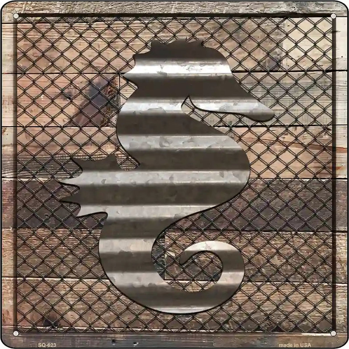Corrugated Seahorse on Wood Novelty Metal Square Sign