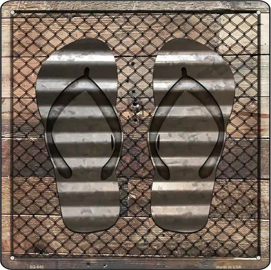 Corrugated Flip Flops on Wood Novelty Metal Square Sign