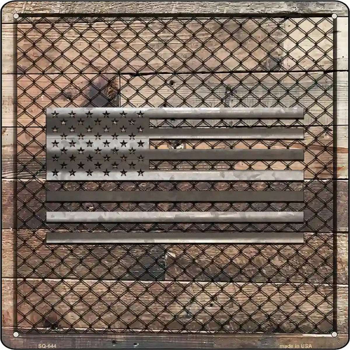 Corrugated American Flag on Wood Novelty Metal Square Sign
