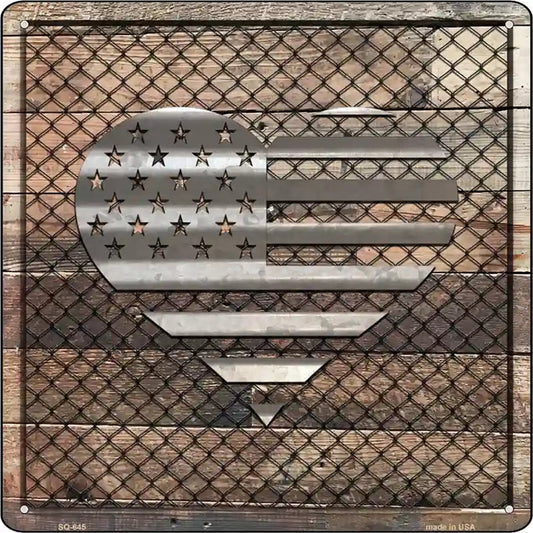 Corrugated American Flag Heart on Wood Novelty Metal Square Sign