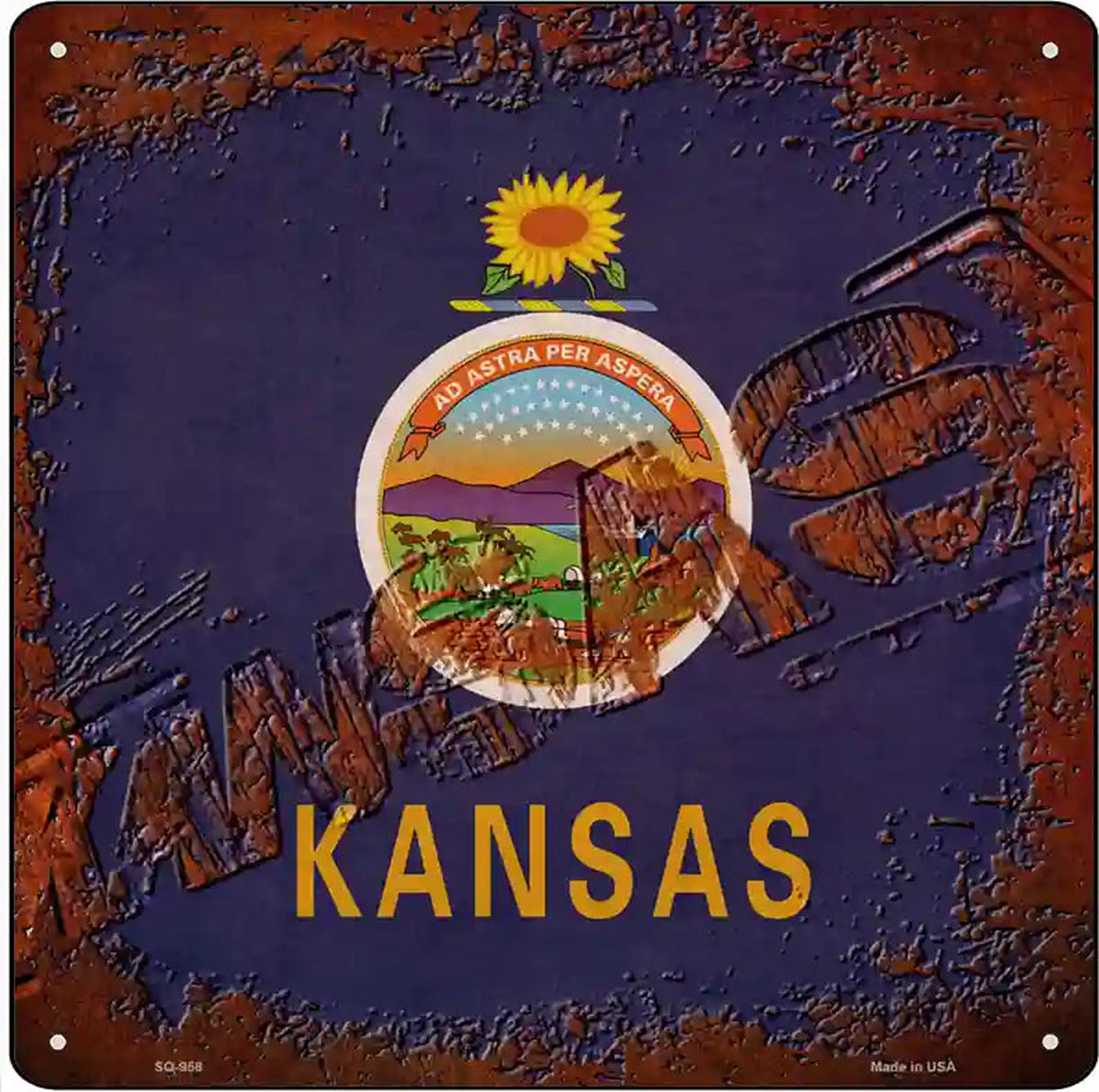 Kansas Rusty Stamped Novelty Metal Square Sign